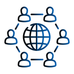 Icon with a globe in the middle surrounded by people icons with lines connecting them